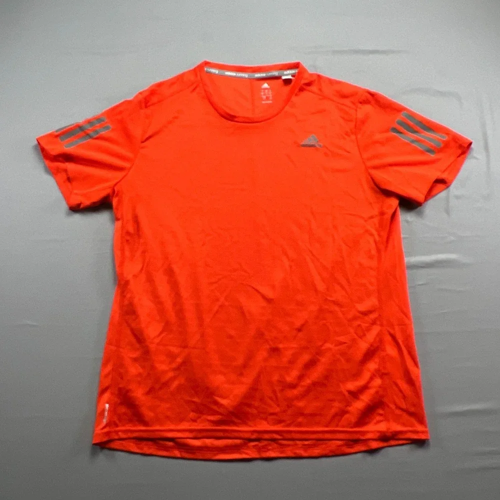 Adidas Climacool T Shirt Mens Large Orange Logo Print 3 Stripes Crewneck Running
